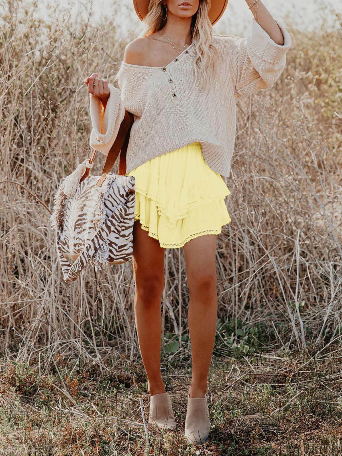 Aoudery Flowy Shorts for Women Casual Boho Ruffle Tiered Skorts High Waist Mini Skirts Golf Tennis Butterfly Crochet Shorts - Yellow S