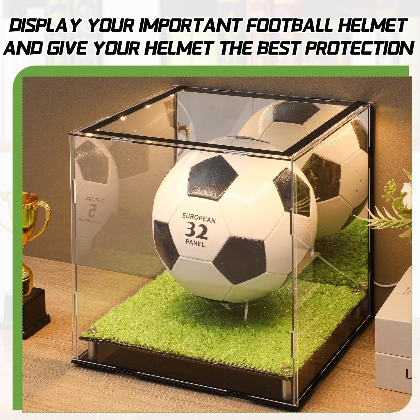 Geelin Soccer Ball Display Case with LED Light, 12" x 11" x 10.5" Light up Acrylic Clear Display Case Box with Mirror Back and Turf Grass, Storage Cube for Soccer Ball Memorabilia Collector Gift