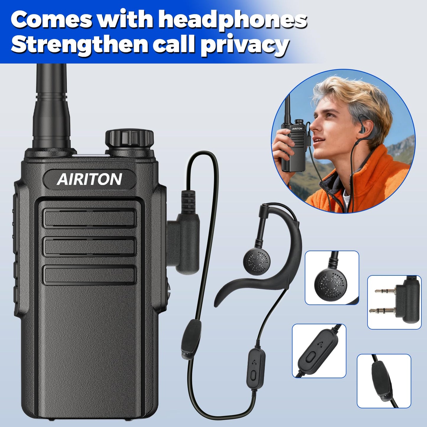 Walkie Talkies Long Range for Adults, Airiton Radio Rechargeable Walkie Talkie UHF Two Way Radio with 1500mAh Li-ion Battery USB-C Charger VOX Walky Talky for Hiking Cruises Camping (2Pack)
