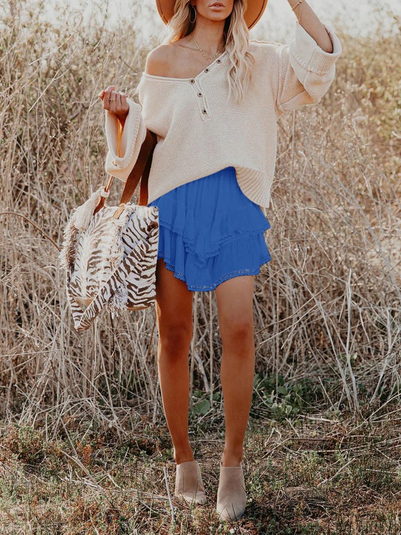 Aoudery Flowy Shorts for Women Casual Boho Ruffle Tiered Skorts High Waist Mini Skirts Golf Tennis Butterfly Crochet Shorts - Royal Blue L