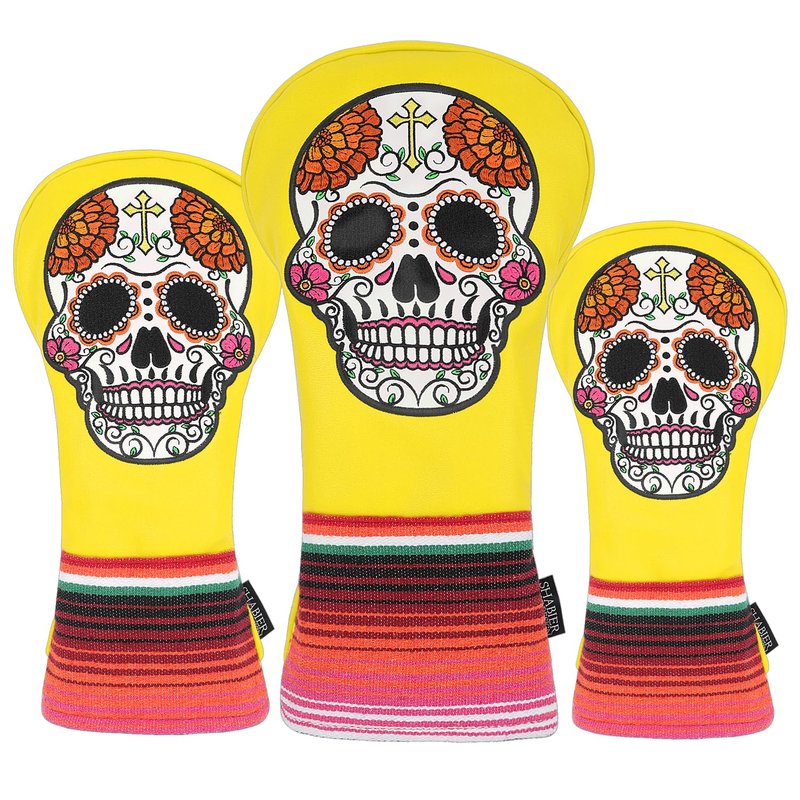 SHABIER Yellow Golf Driver Headcover with Organ Flowers Embroidery Sugar Skull Design for Golf Driver Club