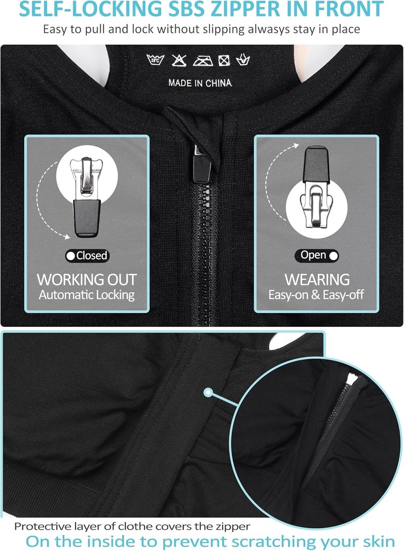 Women's Zip Front Sports Bra - Wireless Post-Surgery Activewear | Comfortable Yoga Bra