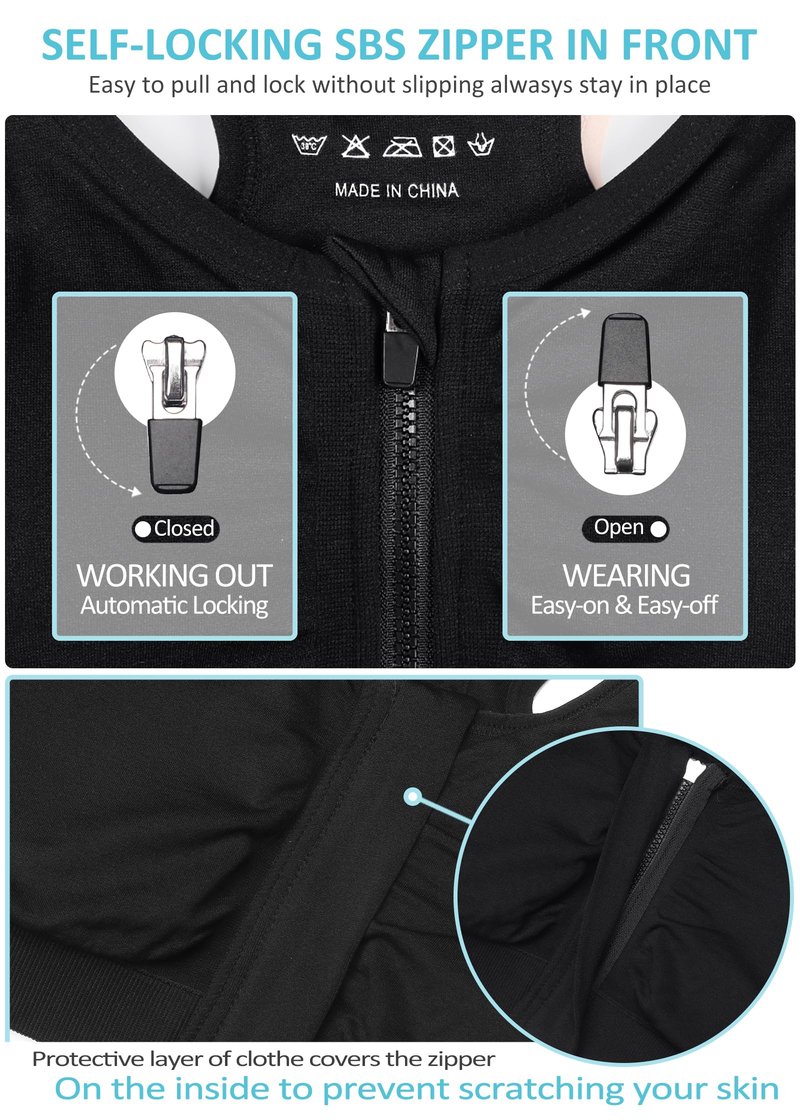 Women's Zip Front Sports Bra - Wireless, Padded, Post-Surgery, Racerback, Workout & Yoga Bra Top 2 Pack