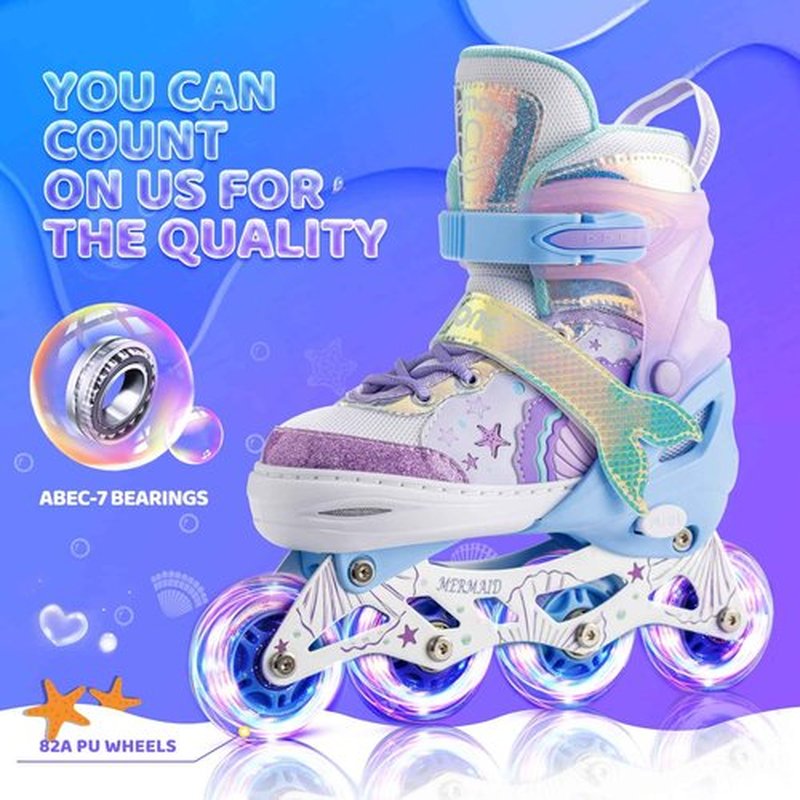 NEMONE Mermaid Inline Skates (Purple L) with Protective Gear Set Knee Elbow Wrist Guards Pads for Kids Girls (Size M)