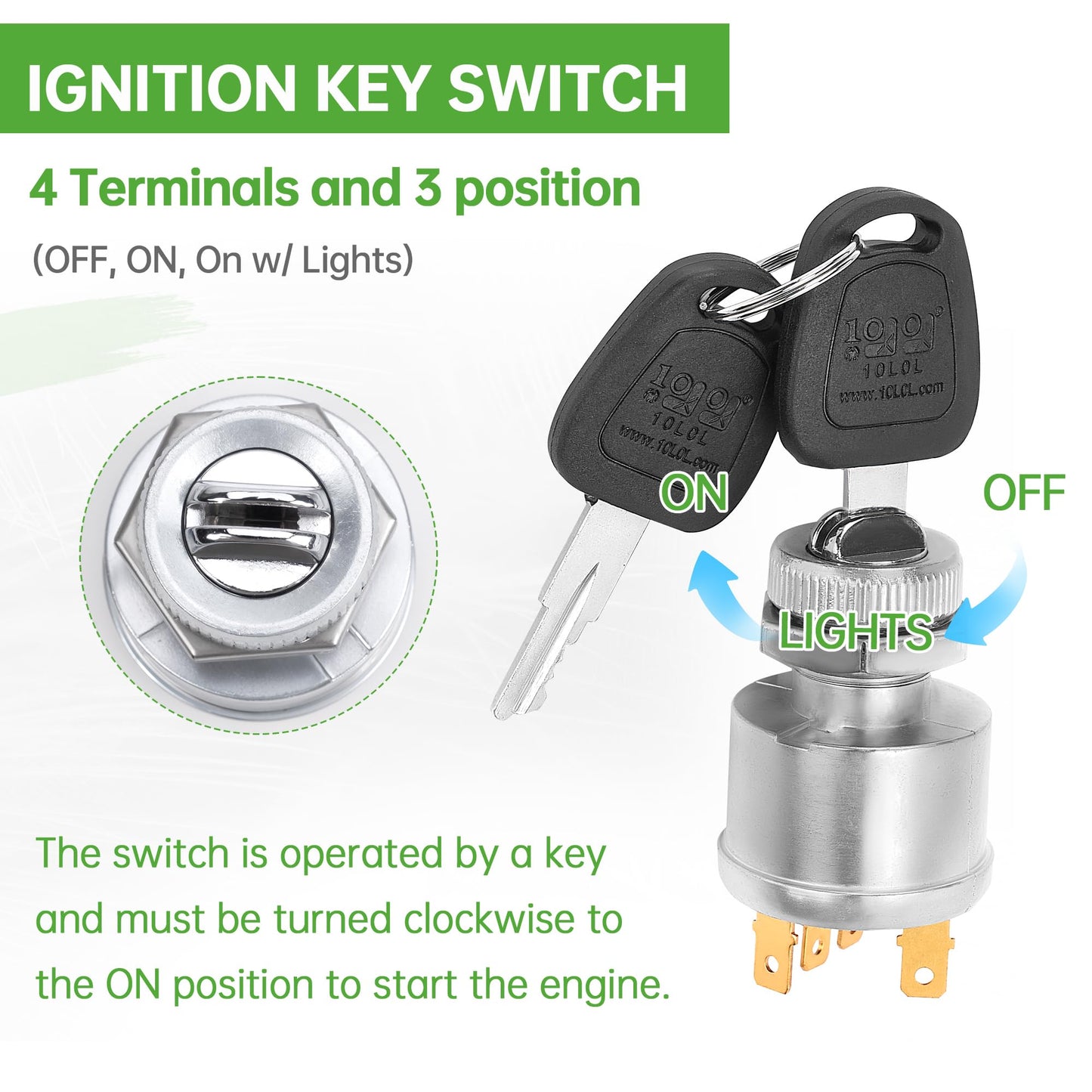 10L0L Golf Cart Unique Key Switch for EZGO TXT, Medalist, Marathon, Workhorse, ST, Shuttle, Golf Cart Ignition Switch and Key with 4 Terminals OEM 33639-G01, 33639G03