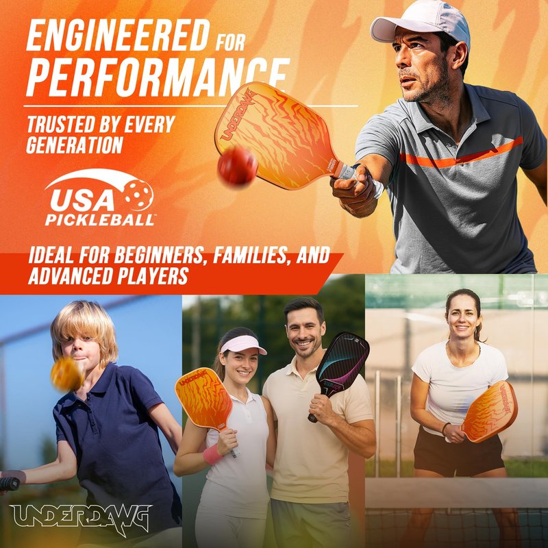 Pickleball Paddles Set of 2, USAPA Approved T300 Carbon Fiber, Polypropylene Honeycomb Core, Anti-Slip Grip, 4 Pickleballs, Carry Bag, Pickleball Paddle Set for Men and Women (Fiery Orange)