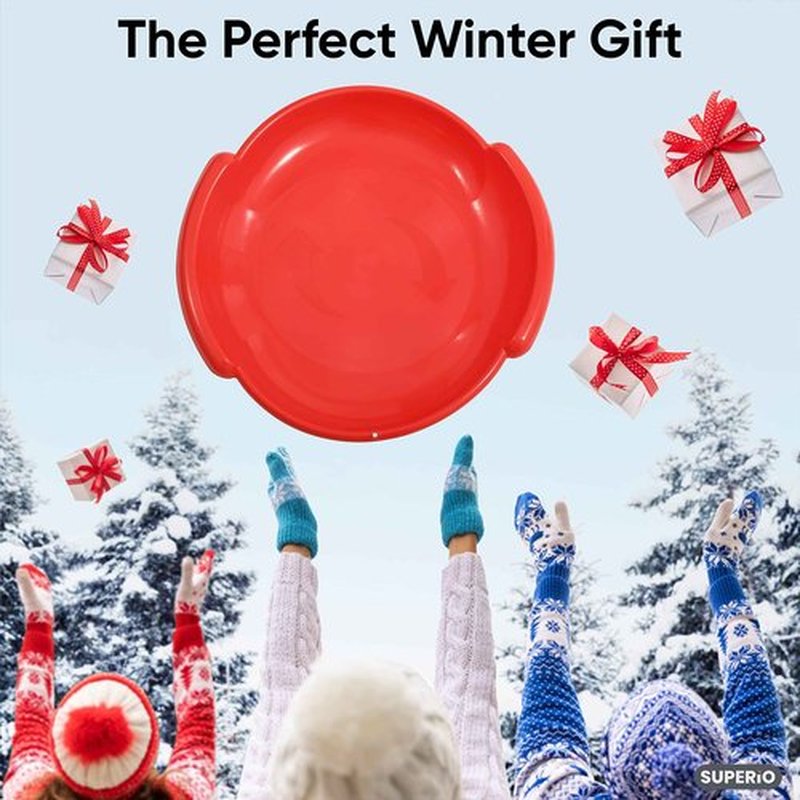 Superio Round Snow Saucer Sled- 24" Plastic Disc Sled for Kids and Adults- Heavy Duty Sled with Handles for Downhill Sledding, Winter Outdoor Sports (Red, 5 Pack)
