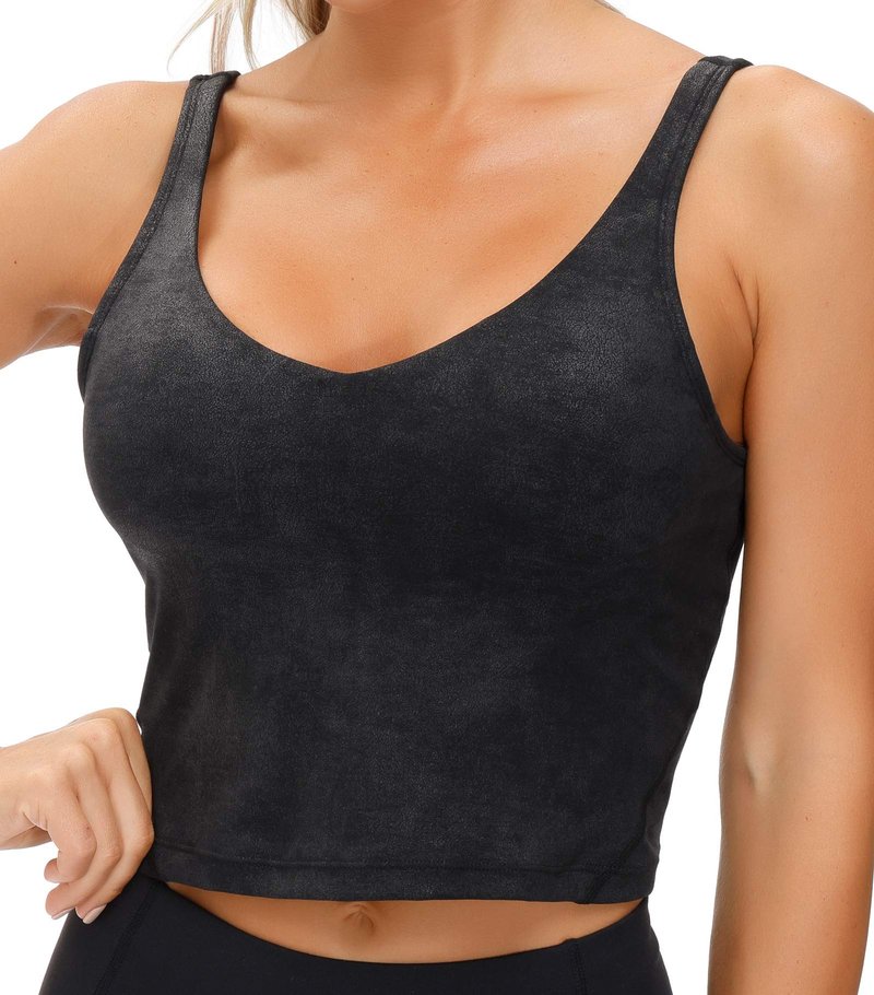 THE GYM PEOPLE Women’s Longline Sports Bra Wirefree Padded Medium Support Yoga Bras Gym Running Workout Tank Tops (Faux Leather Coated, Small)