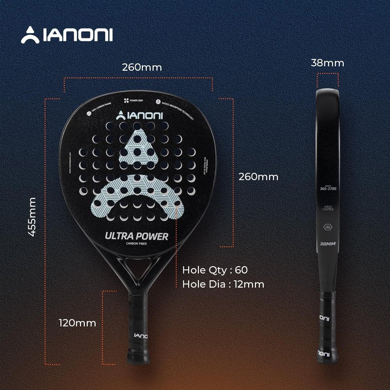 ianoni Padel Racket Carbon Fiber+ Rough face with EVA Memory Flex Foam Core -Ultra Power-Black