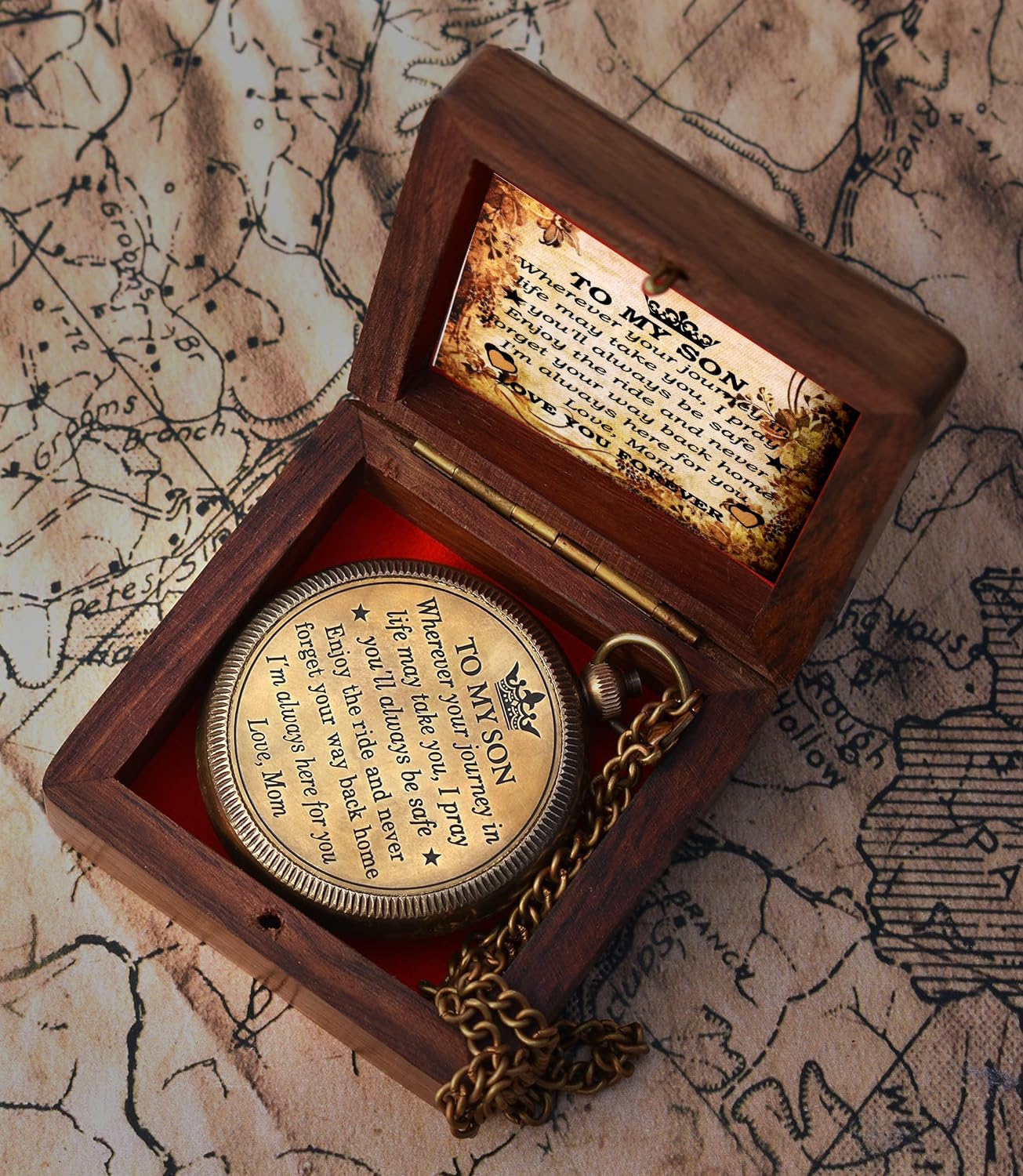 to My Son Compass with Wooden Box-Mom to Son Compass–Mother to Son Gifts-Graduation Day Gifts for Son-Hiking Backpacking Compass-Birthday Confirmation Students Baptism Communion Compass for Women Men