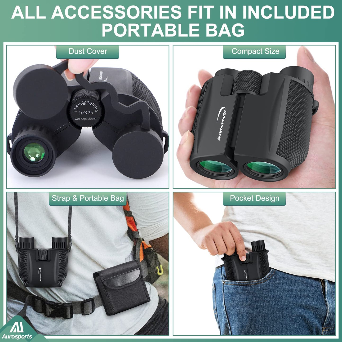 Aurosports Compact Binoculars for Adults and Kids - 10x25 Small Lightweight Binoculars for Bird Watching, Easy Focus for Theater, Cruise & Travel - Ideal Gift with Carrying Case & Strap
