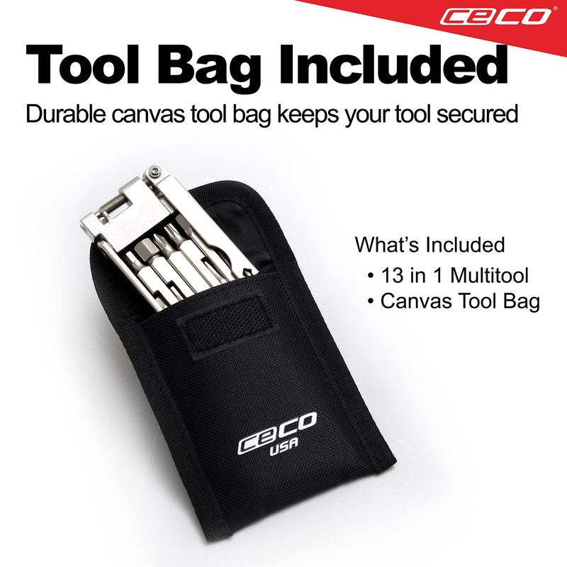 CECO USA 13 Function Bike Tool with Chain Breaker, Bicycle Multi Tool, Ultra Slim, Compact Pocket Sized, Lightweight, High Strength CR-V 6150 Tool Steel, Easy To Carry, Case Pouch Included, Road