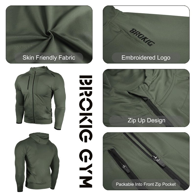 BROKIG Mens WindBreak Lightweight Running Jackets with Zip Pocket, Workout Track Hoodie Athletic Gym Sweatshirts Men(Army Green, Large)