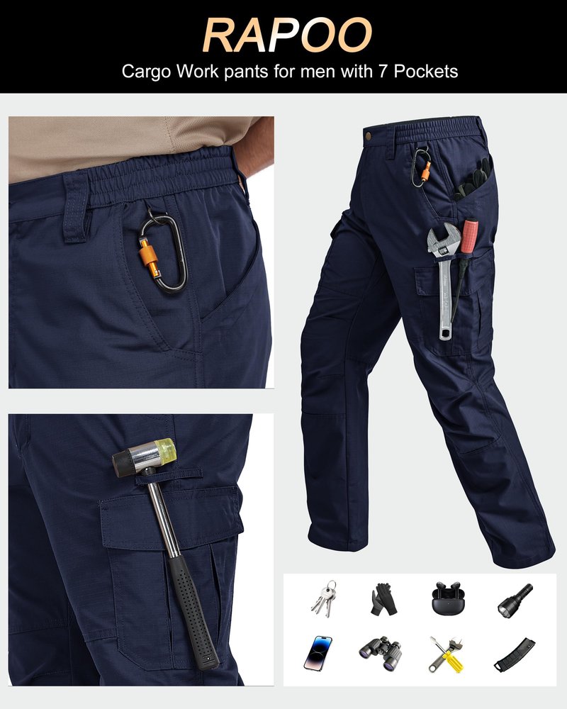 Rapoo Tactical Pants for Men Cargo Working Fishing Pants for Men with Pockets Mens Outdoor Pants Navy 44Wx34L