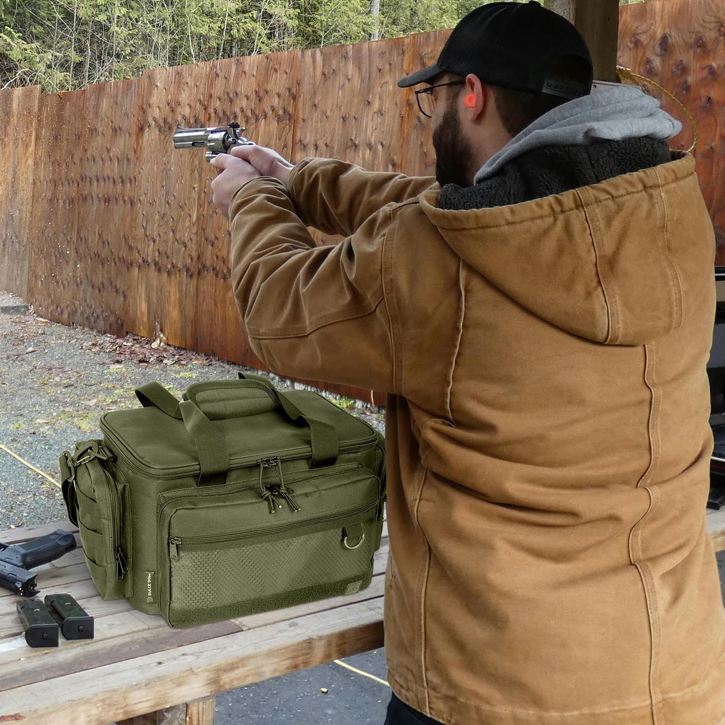 DULCE DOM Tactical Gun Range Bag for Handguns & Pistols - Lockable Compartment, Ammo Storage, Magazine Slots, Durable Range Essentials Bag (GREEN)