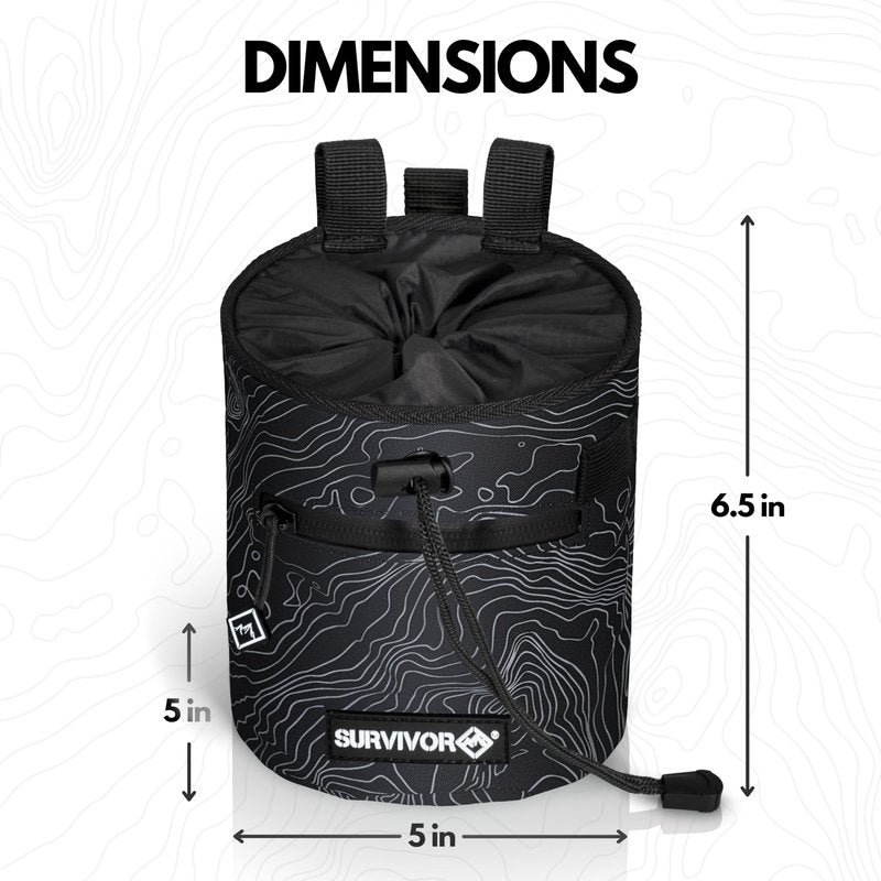 SURVIVOR Chalk Bag + Chalk Ball + Liquid Grip - Iconic Topographical Map, Draw String Closure, 2 Zippered Pockets, & Brush Holder - Bag for Rock Climbing, Bouldering, Weightlifting, Gymnastics & More