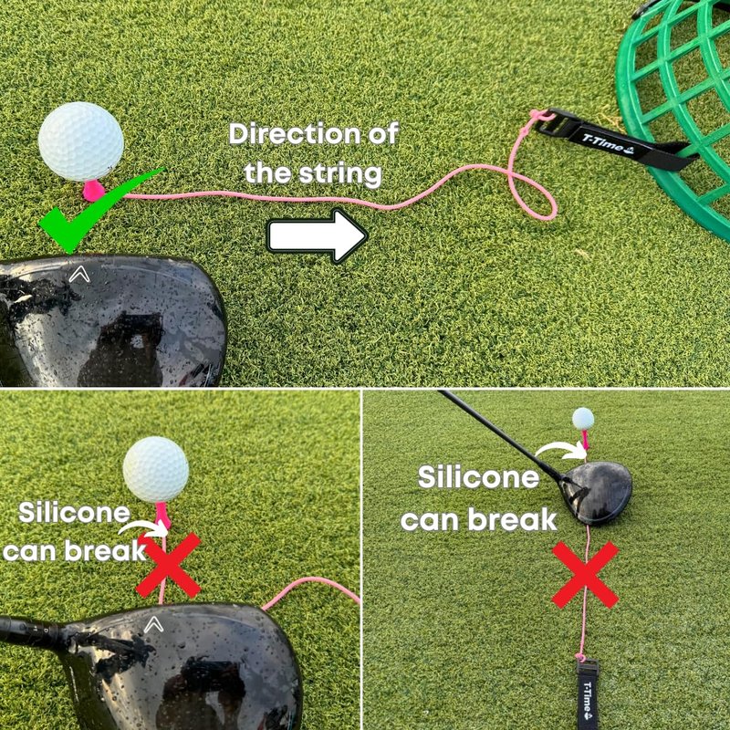 T-Time® Golf Tee Anchor Leash & Tether – US Patented – Keeps Tees in Place for Driving Range and Simulator Practice, 1 Strap + 3 Silicone Strings (Pink, Green, Grey)