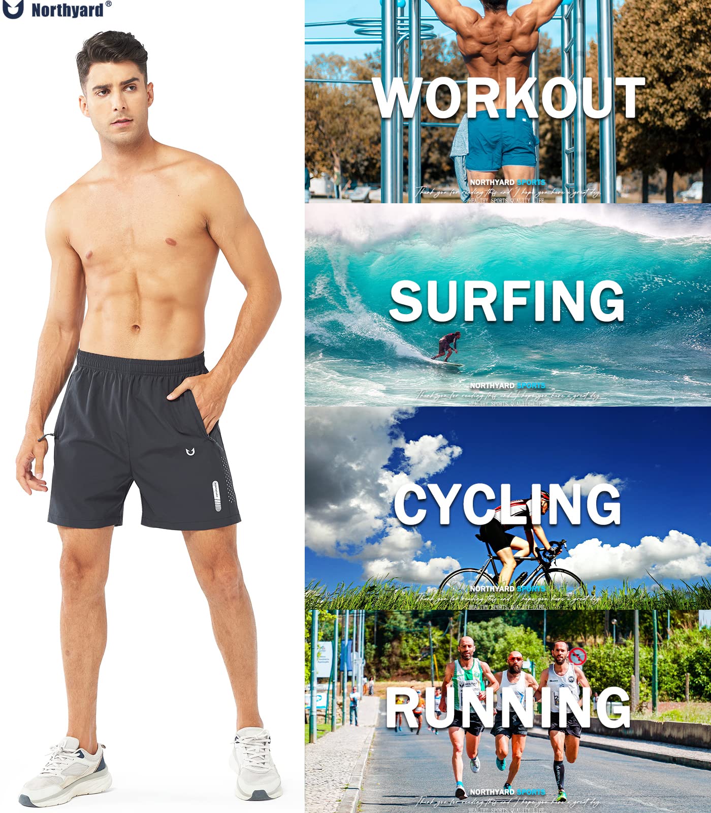 NORTHYARD Men's Athletic Running Shorts Gym Workout 7"/9"/5" Quick Dry Lightweight Sports Basketball Tennis 3 Zipper Pockets DARKGREY-5inch 2XL