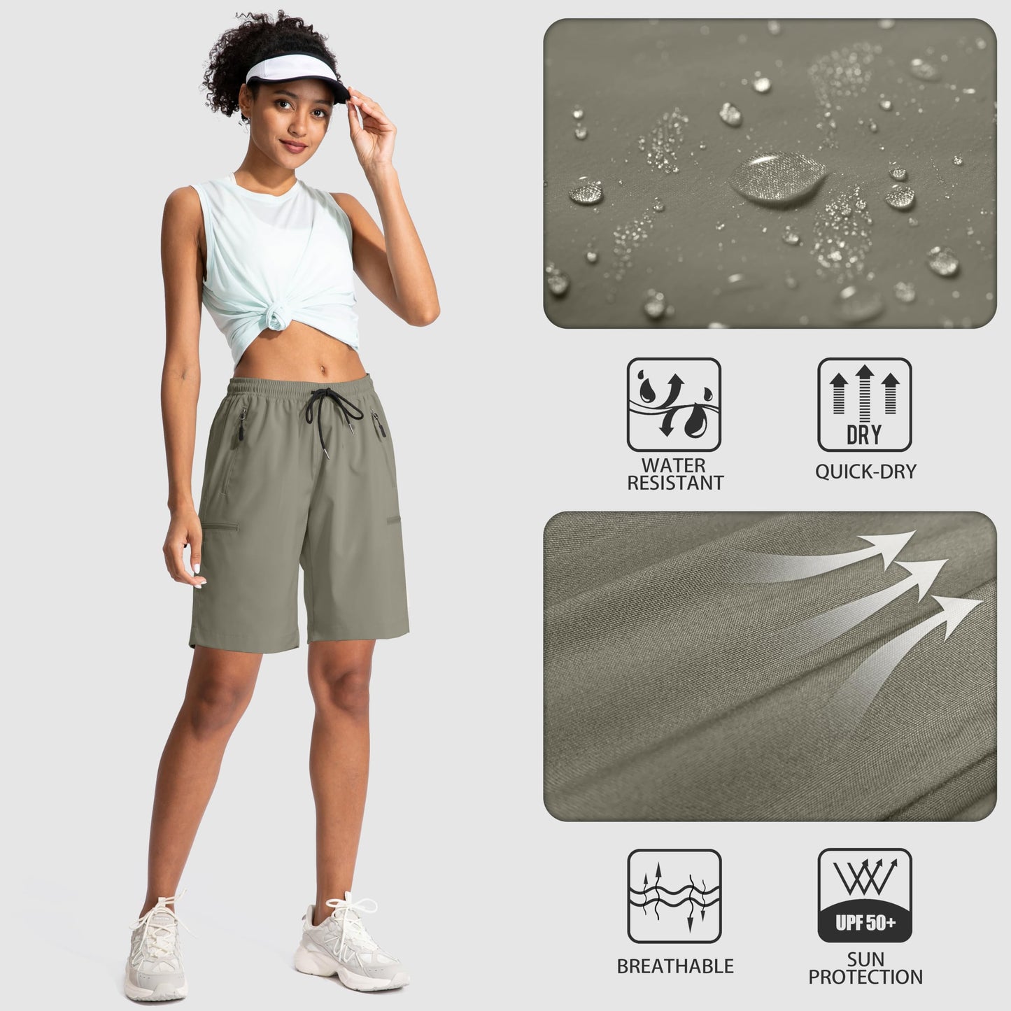 SANTINY Women's 5''/ 7''/9'' Hiking Cargo Shorts Quick Dry Lightweight Summer Shorts for Women Athletic Zipper Pockets(Grey Sage_L)