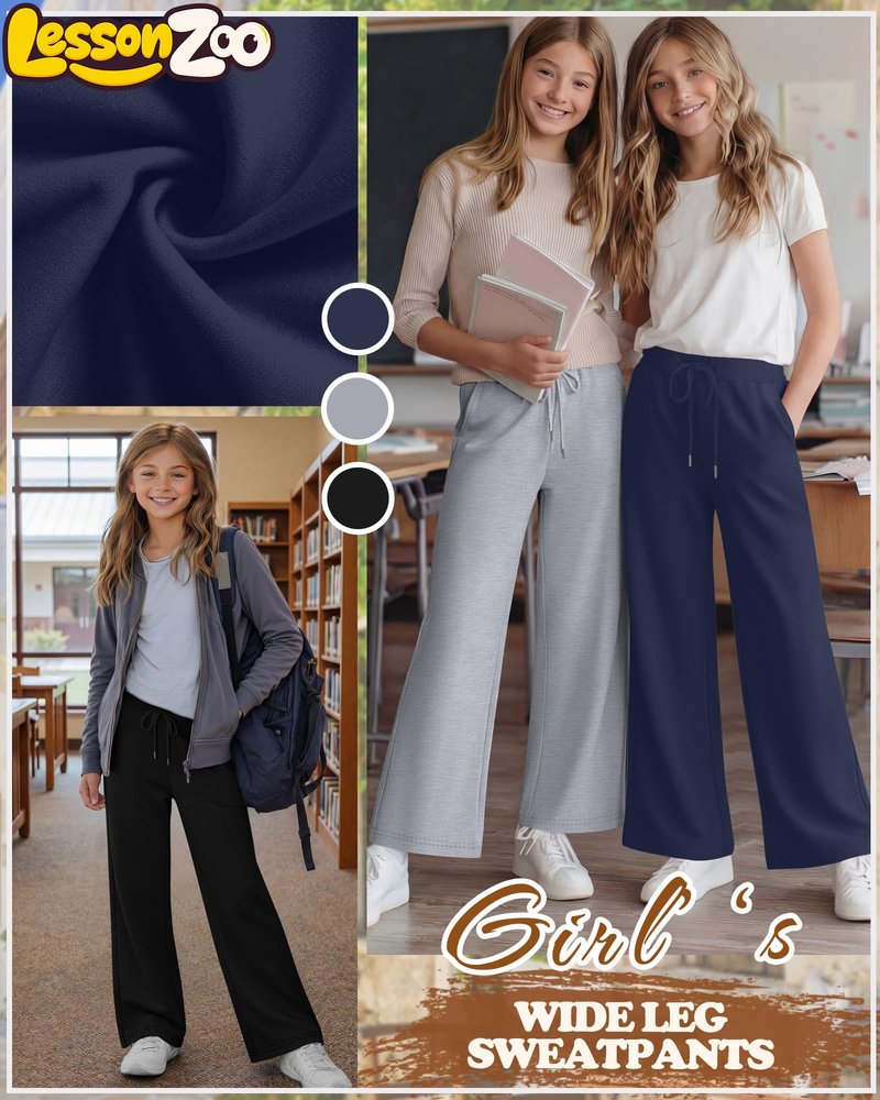 LessonZoo 3 Pack Girls Wide Leg Sweatpants Kids Drawstring High Waist Baggy Pants Teen Athletic Trousers with Pockets(Navy Blue, Light Gray, Black,13-14 Years)