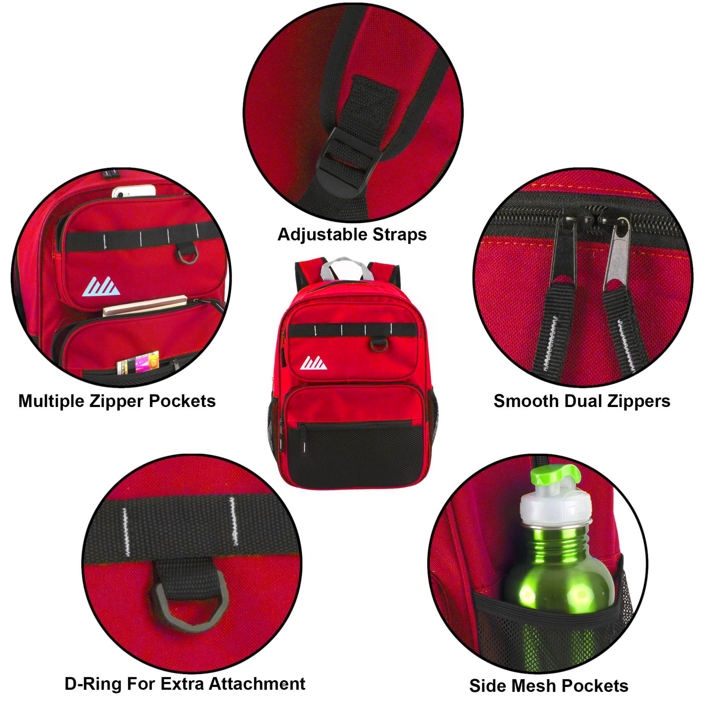 Summit Ridge Travel Backpack for Men and Women, Spacious Work Daypack with Water Bottle Pockets (Red)