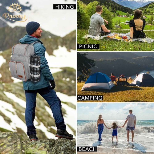 Rnoony Picnic Backpack for Camping, Picnic Basket for 4 with Insulated Cooler Bag and Bottle Pouch, Picnic Bag with Lightweight Blanket and Cutlery Set for Family, Couples and Hiking
