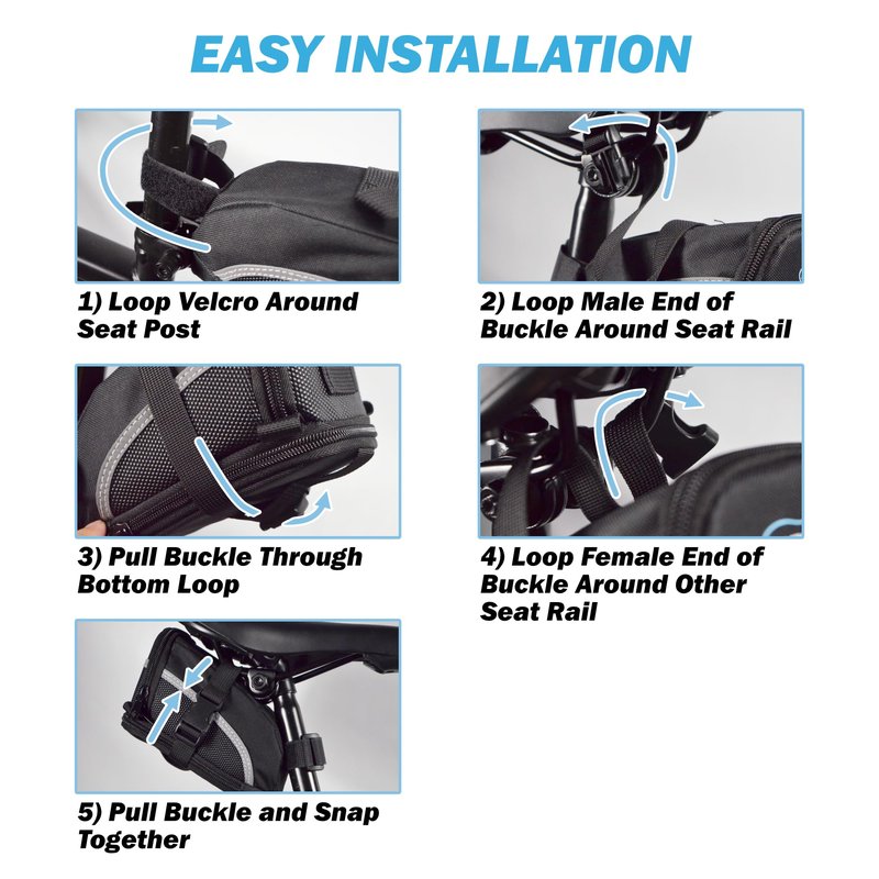 Lumintrail Bike Seat Bag, Bicycle Saddle Bag for Mountain Road Bikes, Expandable Storage Under Seat Bike Bag, Reflective Material with Bike Light Loop, Black, Large