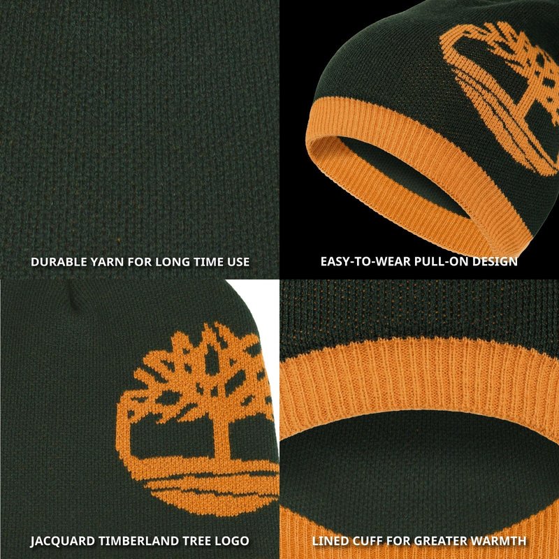 Timberland Men’s Logo Pull-On Beanie - Soft Ribbed Knit Winter Hat, Jacquard Tree Design, Warm Stretch Fit for Cold Weather, Leaf Green, One Size