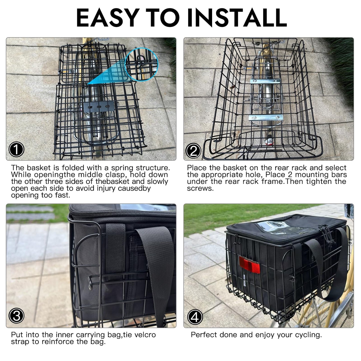 RAYMACE Bike Basket Rear,Bicycle Basket with Removable Liner,Rainproof Cover and Cargo Net,Folding Bike Baskets for Adult,Quick Release Design Fits for Most Rear Mounted Bike Rack