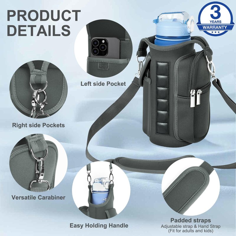 Panmout Hands-Free Magnetic Gym Bag with Gym Bottle - 3-in-1 Water Bottle Holder with 6 Magnets, 3 Pockets, Fits up to 40oz Bottle and Large Phone, Shoulder Strap for Gmy, Hiking and Travel (Grey)