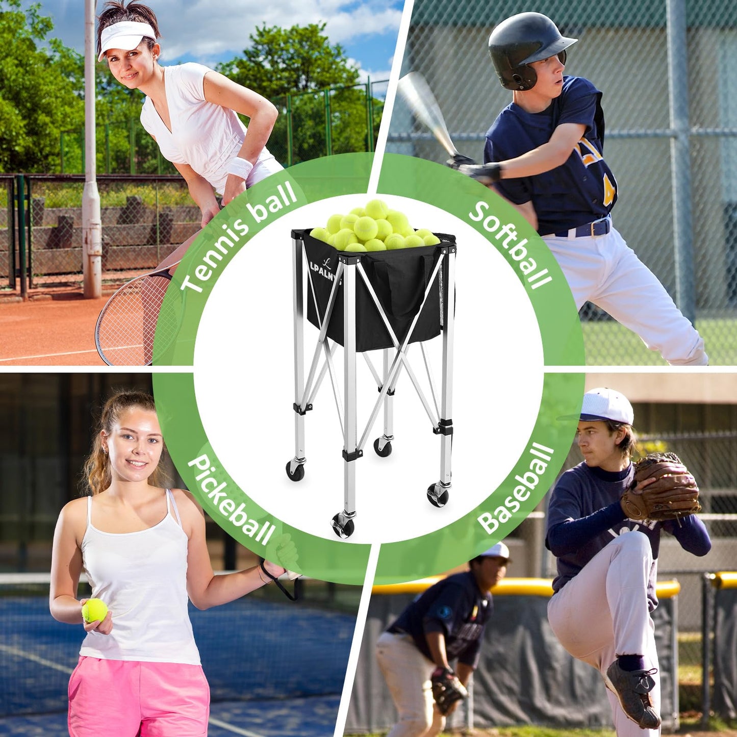 Pickleball Tennis Ball Hopper-Foldable Lightweight Tennis Cart Holds 180 Tennis/160 Pickleballs with Removable Bag,Wheels,Side Pocket for Training/Teaching, for Tennis/Pickleball/Baseball/Softball