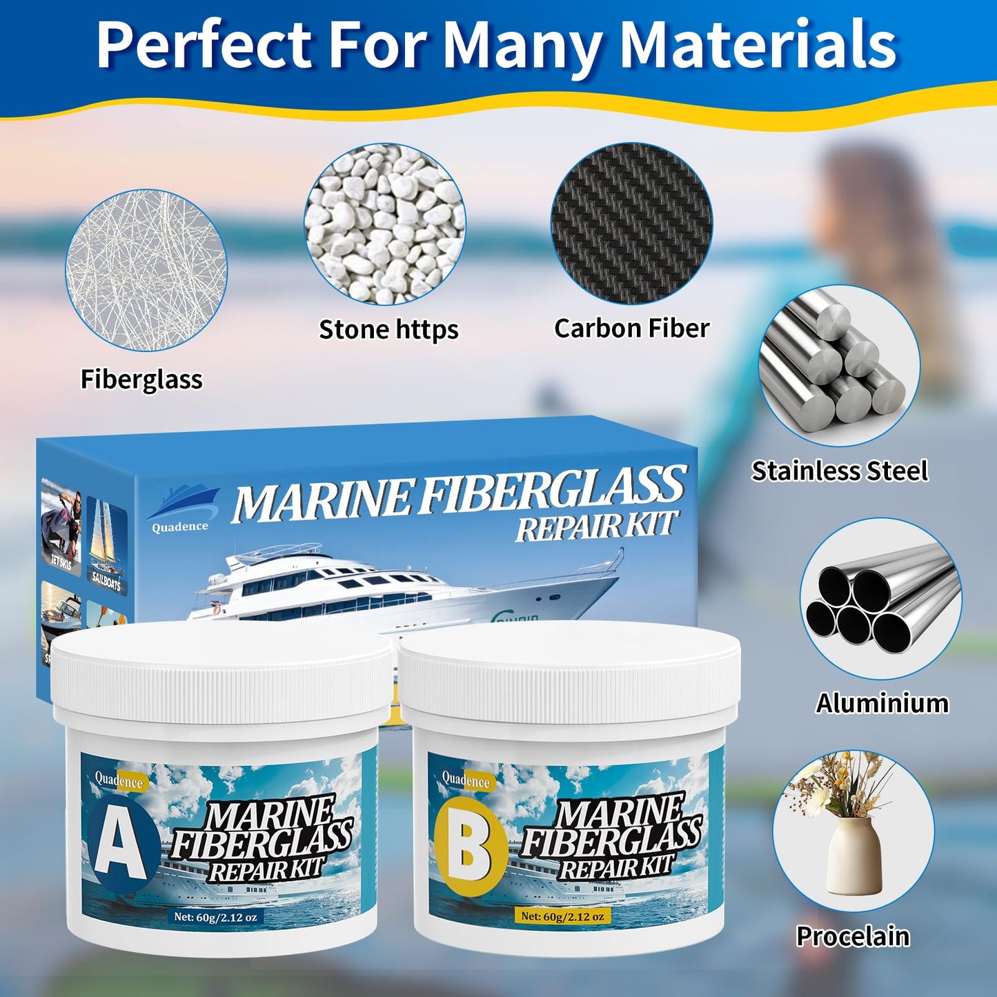 Quadence Fiberglass Boat Repair Kit, Marine Fiberglass Repair Kit for Boats, Gel Coat Repair Kit for Boats, Waterproof Epoxy Filler for Fiberglass Boats Fix Holes Chips Pit Cracks (Color Match)