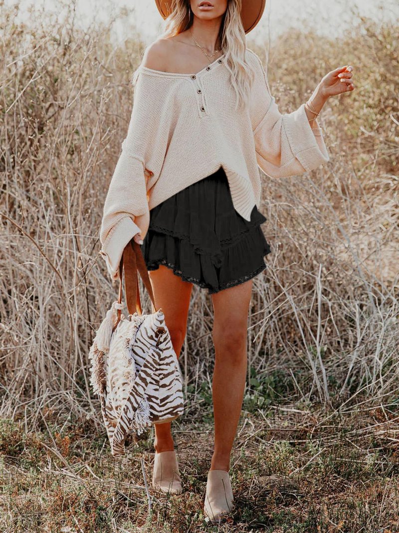 Aoudery Flowy Shorts for Women Casual Boho Ruffle Tiered Skorts High Waist Mini Skirts Golf Tennis Butterfly Crochet Shorts - Black XS