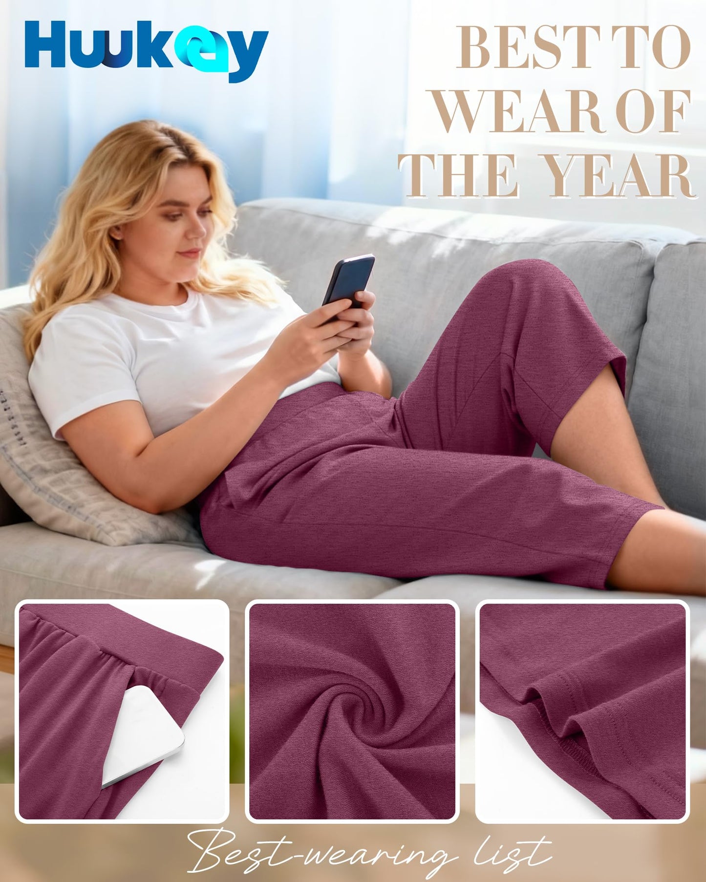 Huukeay 3 Pack Women's Plus Size Capri Pants Loose Fit Wide Leg Capris Sweatpants Summer High Waisted Yoga Pants with Pockets(Black, Blue, Wine Red,4X-Large)