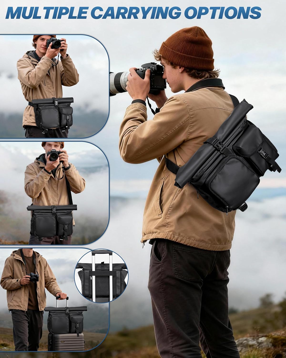 Camera Bag with Tripod Holder - Waterproof Sling Bag with Extra Storage | Black