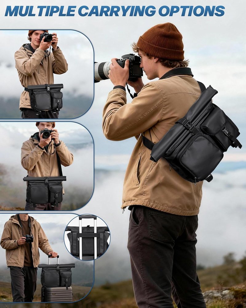 Camera Bag with Tripod Holder - Waterproof Sling Bag with Extra Storage | Black