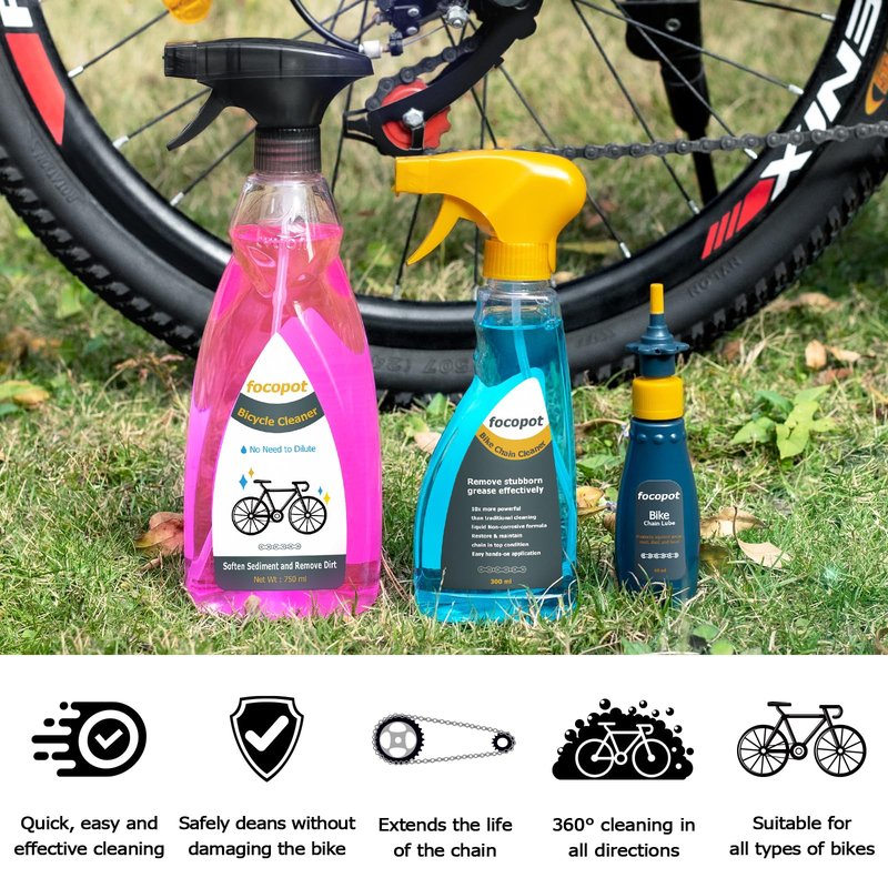 focopot Bike Chain Cleaner Kit with Bicycle Cleaner(25 oz),Degreaser(10 oz),Oil Lubricant(2 oz),Cleaning Brush Tool,Bike Chain Cleaning kit to Clean and Lube Mountain/Road/MT/E Bike