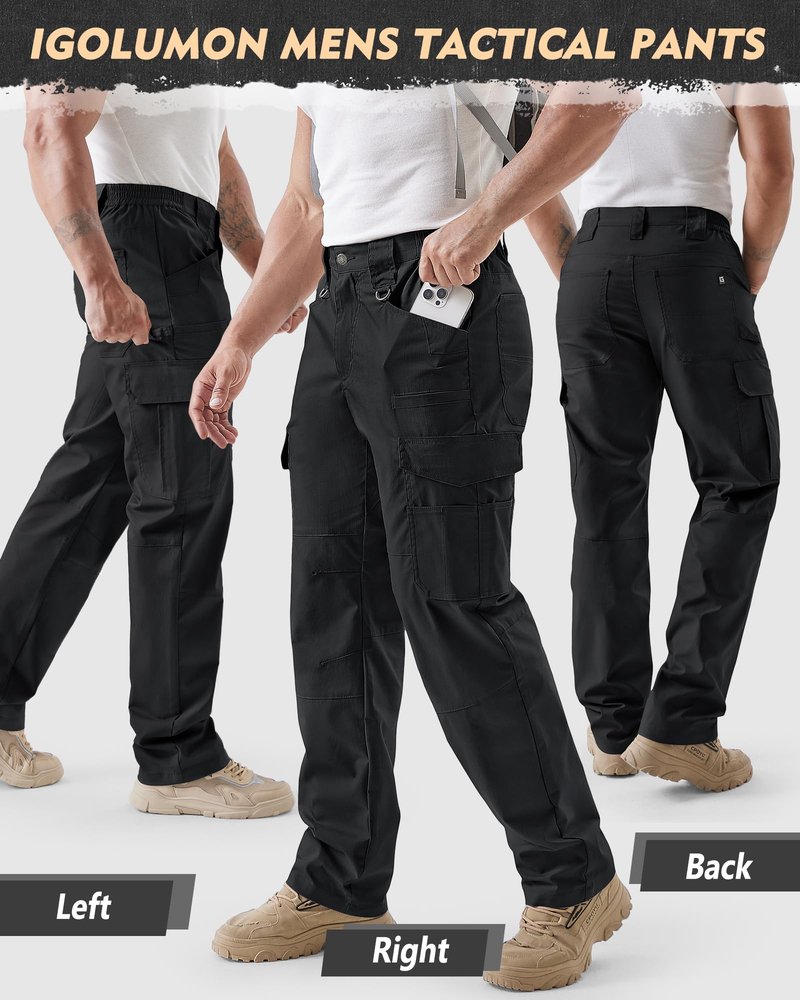 IGOLUMON Men's Stretch Tactical Pants Ripstop Cargo Work Pants for Men with 11 Pockets Lightweight Hiking EDC Pants for Construction & Outdoor Gear Black