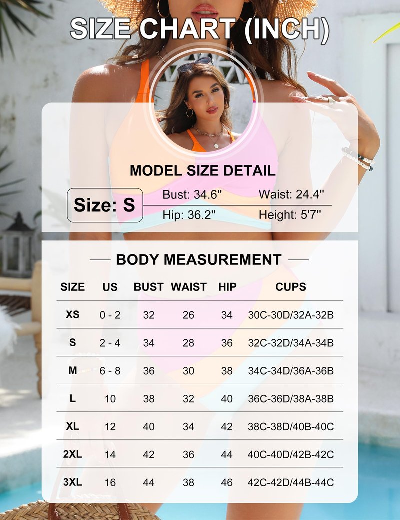Blooming Jelly High Waisted Bikini Sets for Women Push Up 2 Piece Swimsuits Color Block Swim Suits 2025 (L, Orange Pink)