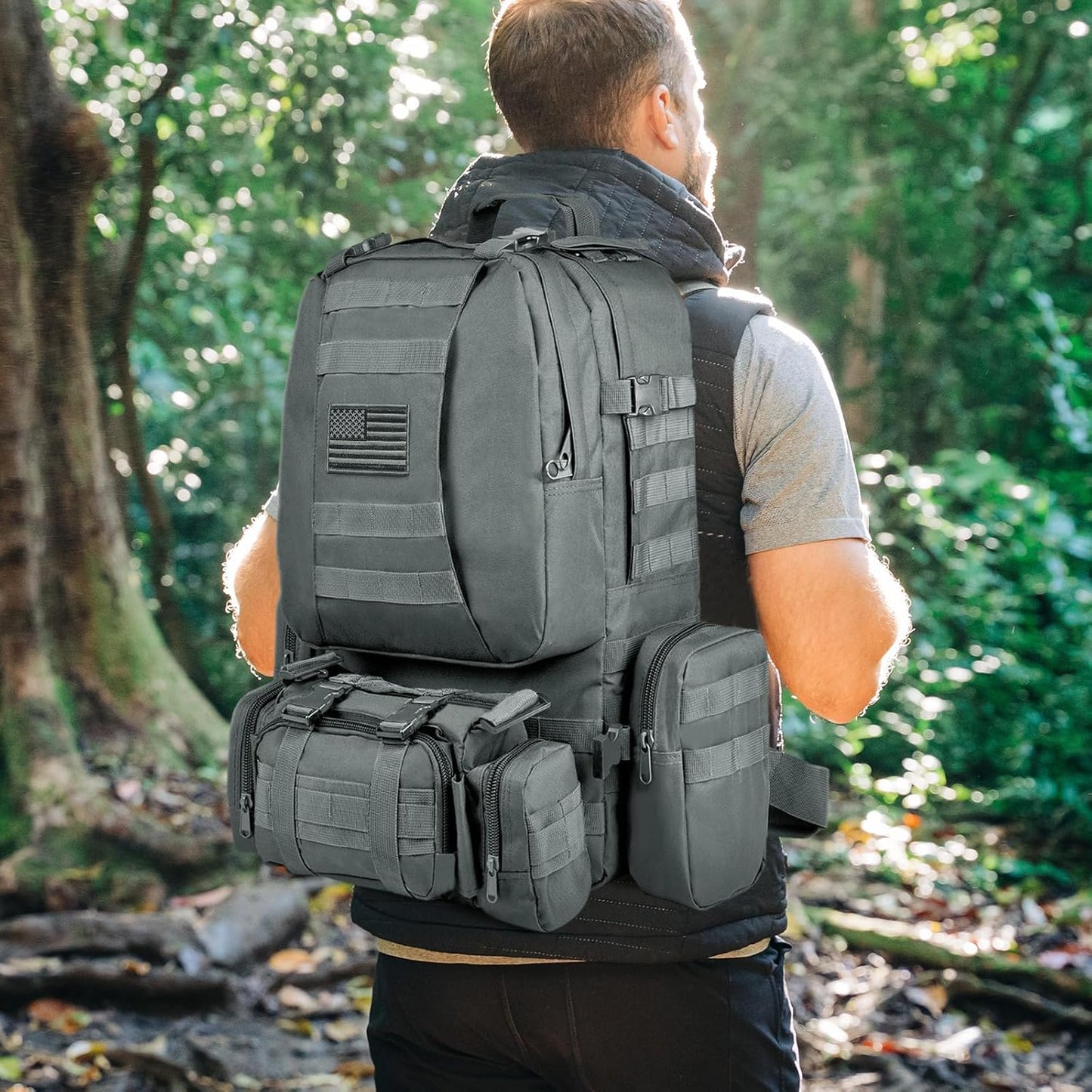 Tactical Backpack - 60L Military Army Rucksack with Detachable Molle System | Grey