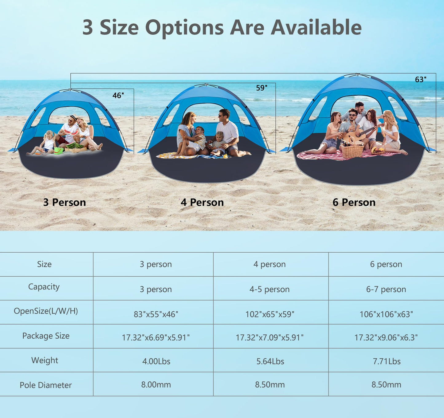 NXONE Beach Tent Sun Shade Shelter for 2-3 Person with UV Protection, Extended Floor, 3 Mesh Roll Up Windows & 8.0mm Fiberglass Rods丨Carry Bag Included (Sky Blue)