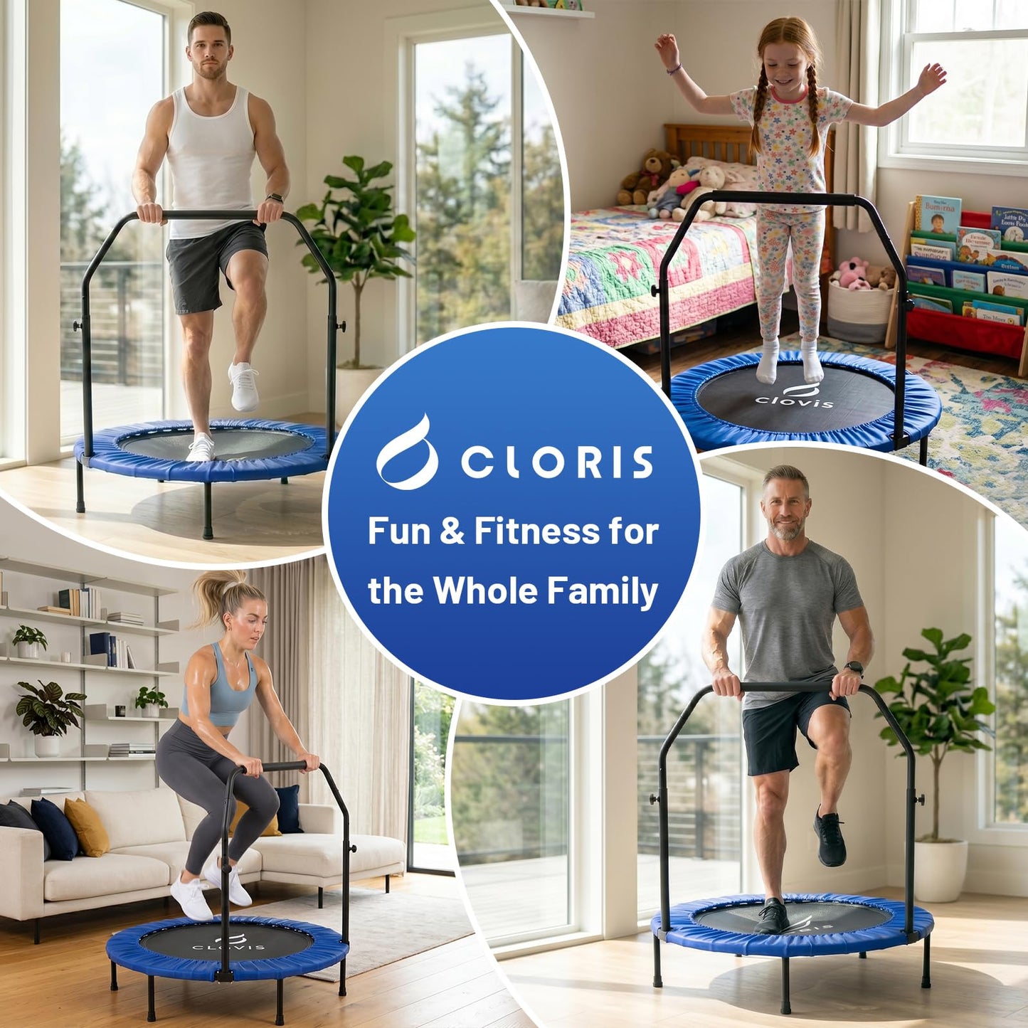 CLORIS Rebounder Trampoline for Adults 40 Inch, 400 lbs Capacity with 5-Level Adjustable Bar, Foldable Mini Indoor Fitness Workout Exercise Equipment Blue