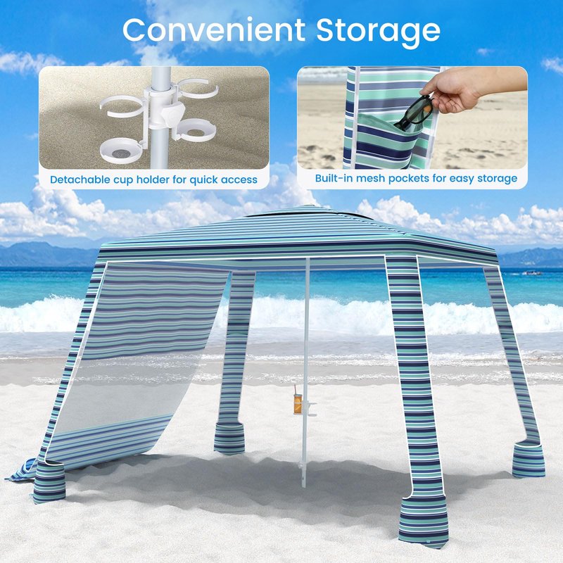 MoKo Beach Cabana, 8'×8' Large Beach Canopy with Side Wall, UPF 50+ Protection Easy Setup Beach Tent Sun Shelter, Adjustable Height Wind Resistant Cabana Beach Tent for Whole Family, Blue-Green Stripe