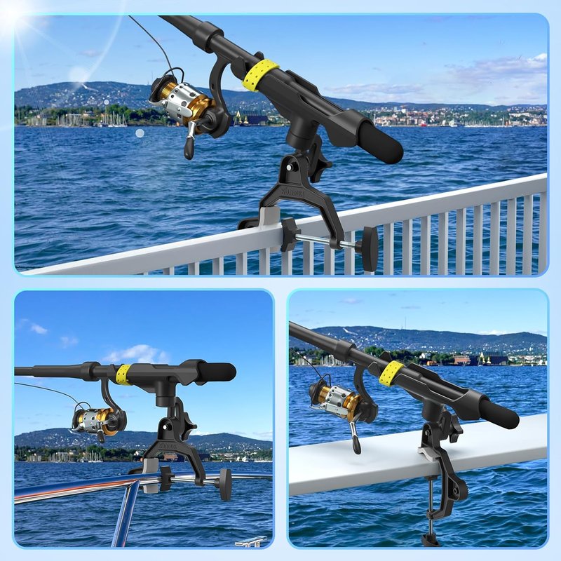 Fishing Rod Holder - 360° Dual Rotation with Button-Lock & Silicone Strap | Adjustable V-Clamp for Round/Square Tubes