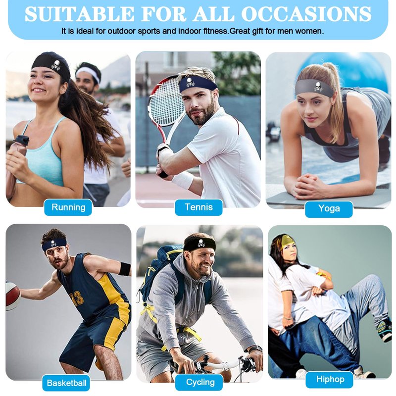 Headbands for Men Women 3 Pcs Sports Sweat Bands Headbands Men Skull Finger Workout Sweatbands for Mens Women Cooling Headband Running Head Band for Mens Elastic Hairband for Yoga Gym Athletic Gifts