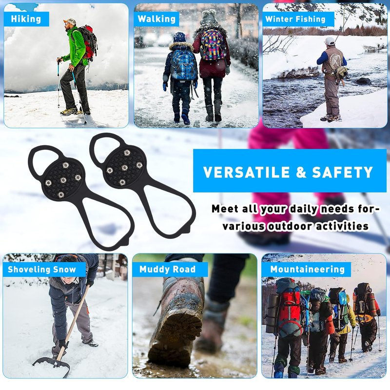 LipLopBest 4 Pairs Non Slip Gripper Spikes for Shoes, Ice Snow Grips Traction Cleats with 5 Steel Studs Crampons - Universal Snow Spikes Microspikes for Hiking Walking Climbing