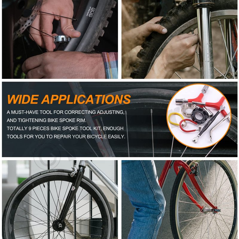 Rustark 9Pcs Bicycle Spoke Wrench Portable Bike Spoke Adjustment Tool Kit Bike Rim Repair Tool Tire Lever Cycling Pocket Tools for Bike Repair