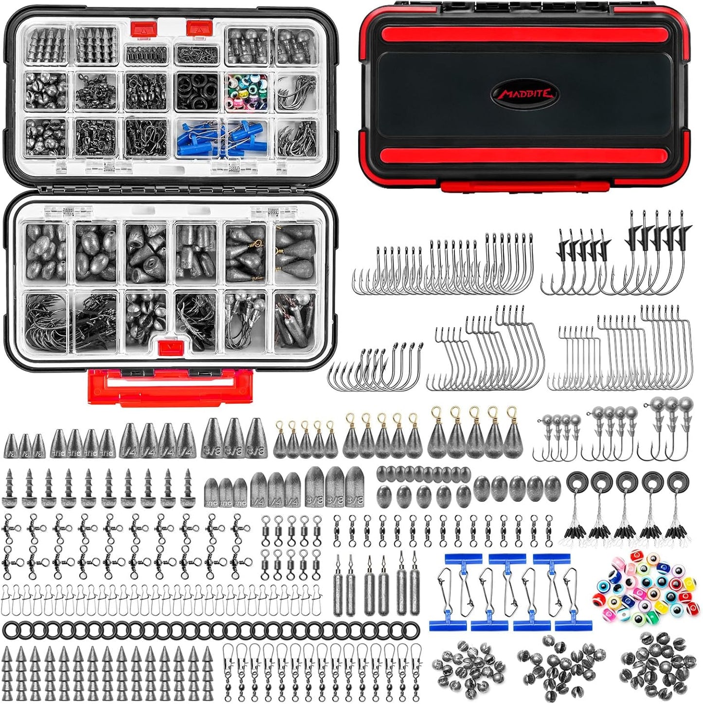MadBite Fishing Tackle Kit - 182/265/400pcs All-in-One Freshwater Hooks & Weights | Compact Gear Set for Bass & Trout