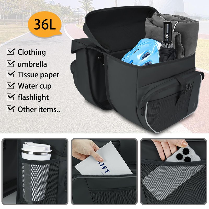 Waterproof Double Panniers Bag - 36L Saddle Bags for Rear Rack Bicycles with Safety Reflective Strips, Bicycle Commuting Pannier Fit Most Bicycle Rack with Rain Cover (With Rain Cover, Black, 36L)