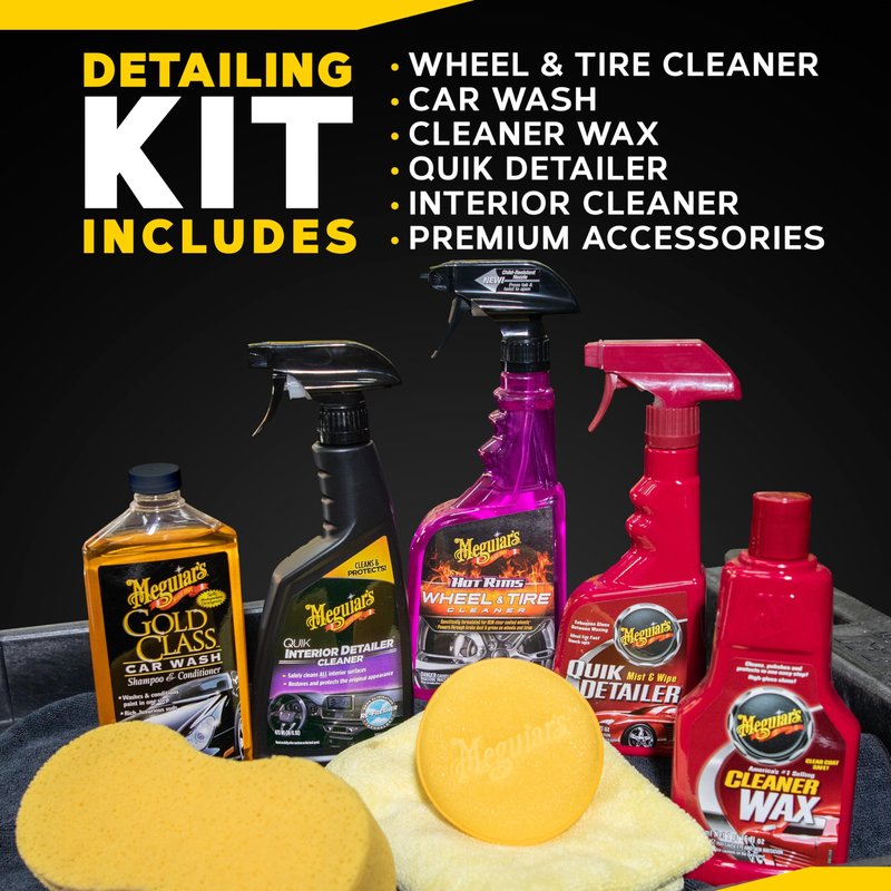 Meguiar's Classic Wash & Wax Car Detailing Kit, Cleaning Kit with Car Wash Soap and Wax, Includes Detail Spray, Interior Cleaner, Tire Cleaner, and More